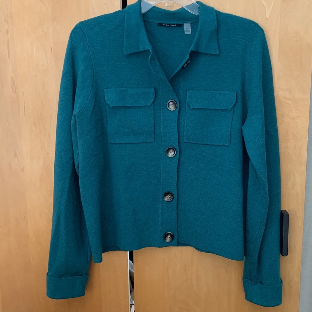 Tahari Collared Button Knit Sweater Cardigan teal blue- small
